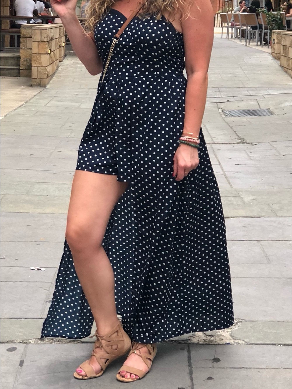 Navy Blue Polka Dot Spaghetti Strap Romper Short Dress